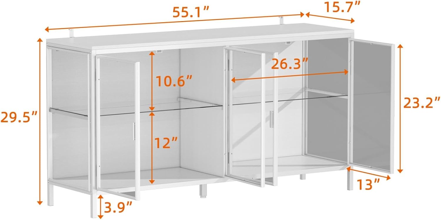 Display Cabinet with Glass Doors & LED Lights, Sideboard Buffet with Glass Shelves & Metal Frame, for Living Room White, 55.1'W x 15.7'D x 29.5'H