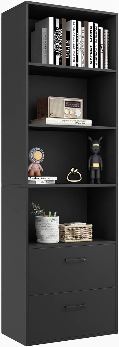 Tangkula 4 Shelf Bookcase with 2 Drawers, 74 Inch 4 Tiers Tall Open Bookshelf with 2 Slide-Out Drawers, Anti-toppling Device, Freestanding Wood Storage Shelf for Home Office (Black, 74' H)