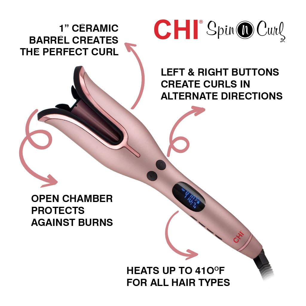 CHI Spin N Curl 1″ Ceramic Rotating Curling Iron, Adjustable Preset Heat Settings for All Hair Types, Salon-Quality Curls & Waves, Auto Shut-Off, Tangle Protection, Rose Gold