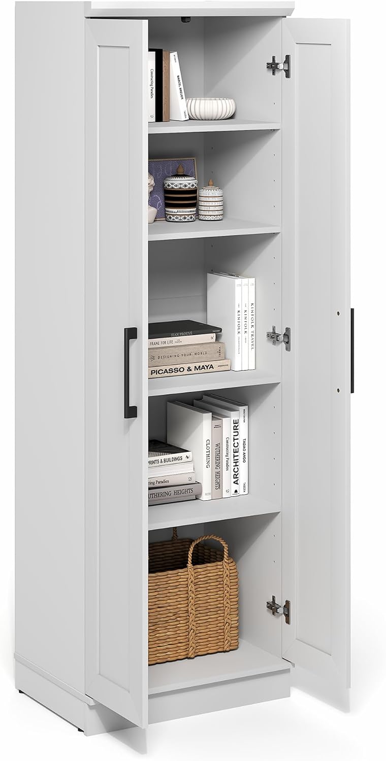 Furinno Robin Storage Cabinet, 5-Tier Pantry Cabinet with Adjustable Shelves, 23W with 2 Shaker-Doors, Kitchen Cabinet, Organization and Storage, for Pantry, Living Room, Home Office, White