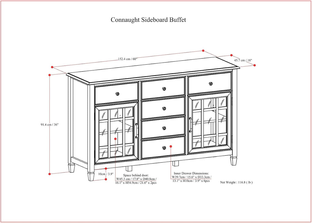SIMPLIHOME Connaught Buffet - 60 inch Wide Solid Wood 3-Door Sideboard Buffet in Antique White, Traditional Storage Cabinet for Dining Room or Kitchen with Adjustable Shelves and Classic Molding
