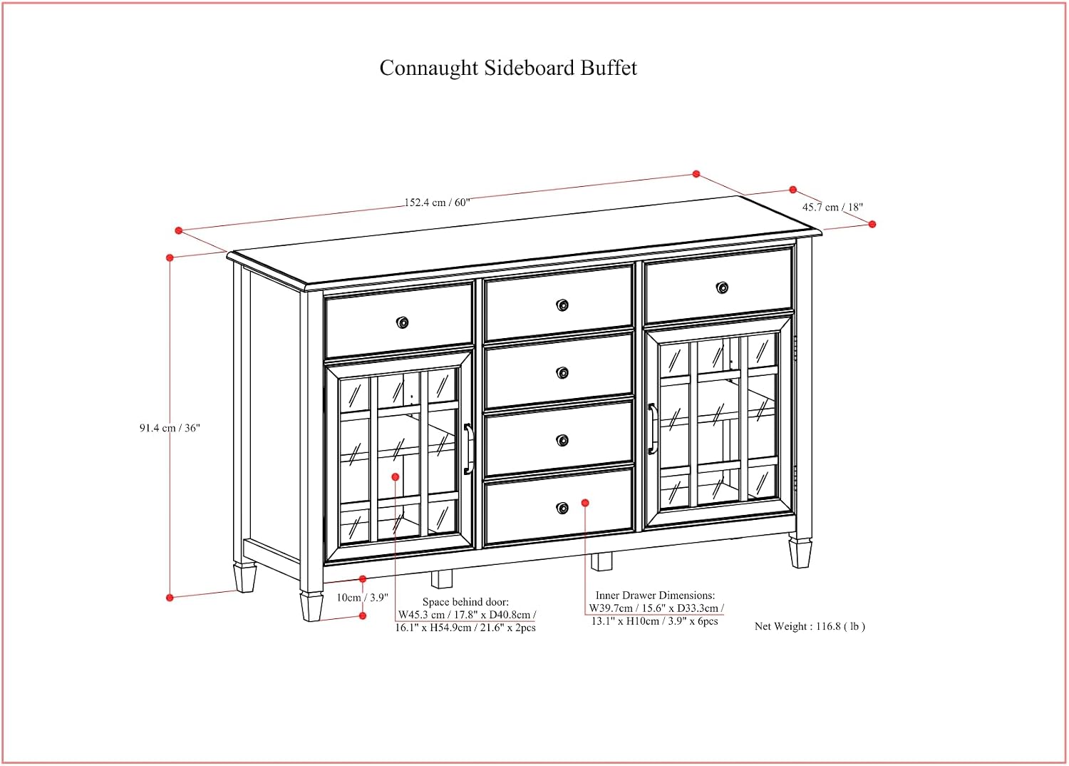 SIMPLIHOME Connaught Buffet - 60 inch Wide Solid Wood 3-Door Sideboard Buffet in Antique White, Traditional Storage Cabinet for Dining Room or Kitchen with Adjustable Shelves and Classic Molding