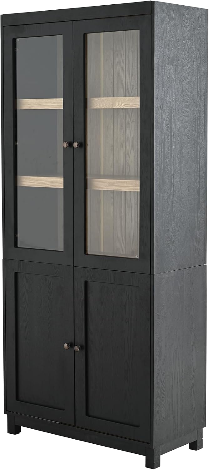 Merax 74.5''H Ash Wood Grain Display Cabinet Bookcase with Storage,Pantry with Glass Doors & Adjustable Shelves,Bookshelf Curio Cabinet for Hallways,Livingroom Kitchen & Office,Black