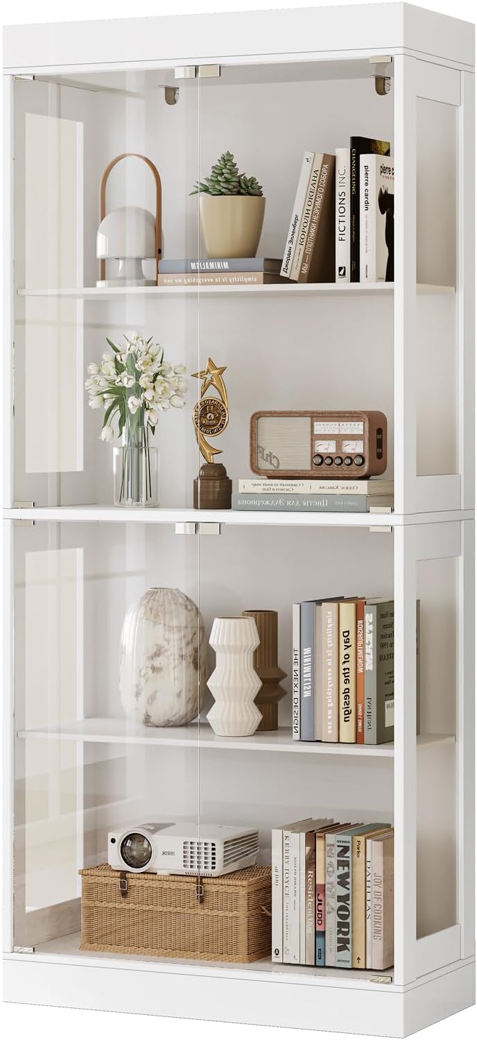 70.1' Display Cabinet with Glass Doors,4-Tier Curio Cabinet for Collectibles, Tempered Glass Display Case with Handleless Design for Living Room, Office, Kitchen，White