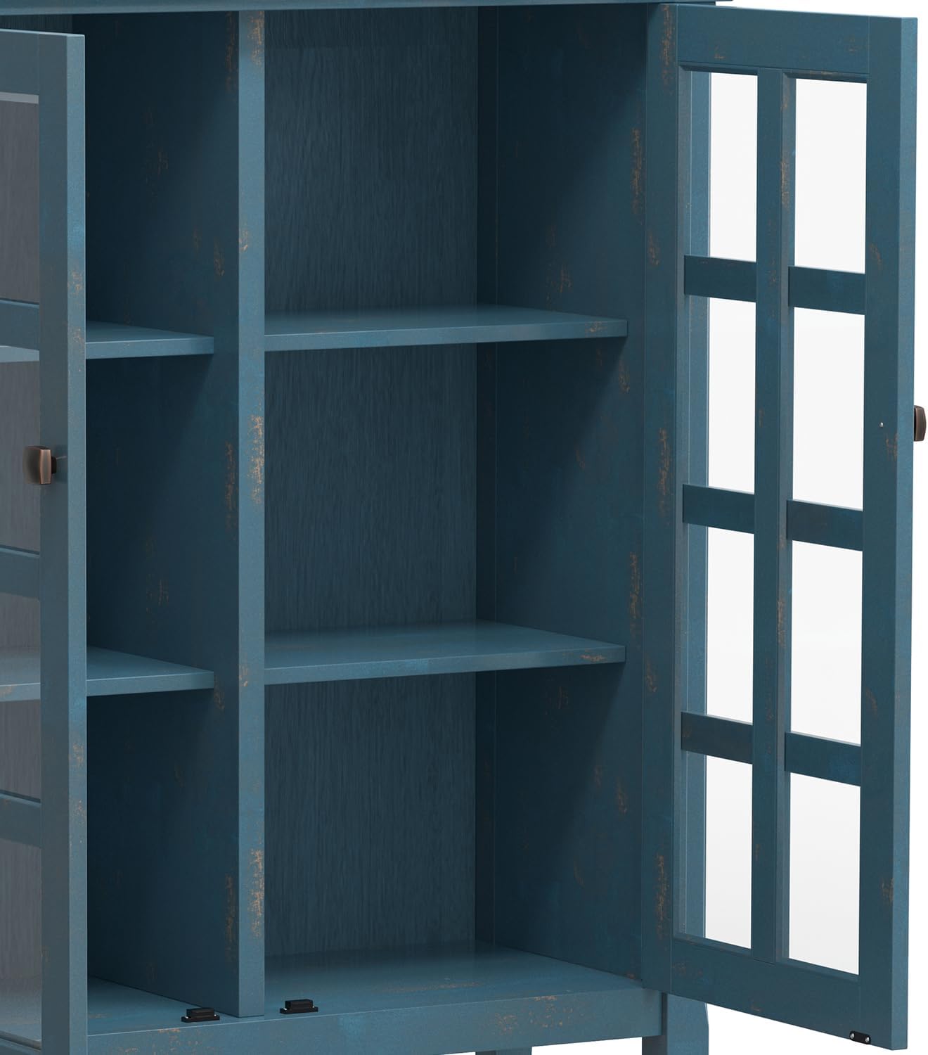 SIMPLIHOME Acadian Storage Cabinet - 39 inch Wide Solid Wood 6-Shelf Medium Storage Cabinet in Distressed Coastal Blue, Transitional Cabinet with Glass Doors for Living Room with Adjustable Shelves