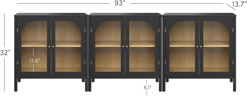 Nathan James Mason Storage Cabinet Accent Sideboard Buffet Credenza TV Stand with Glass Doors and Adjustable Shelf in Black Wood for Dining Room, Entryway and Living Room, Clear Glass/Black, Set of 3