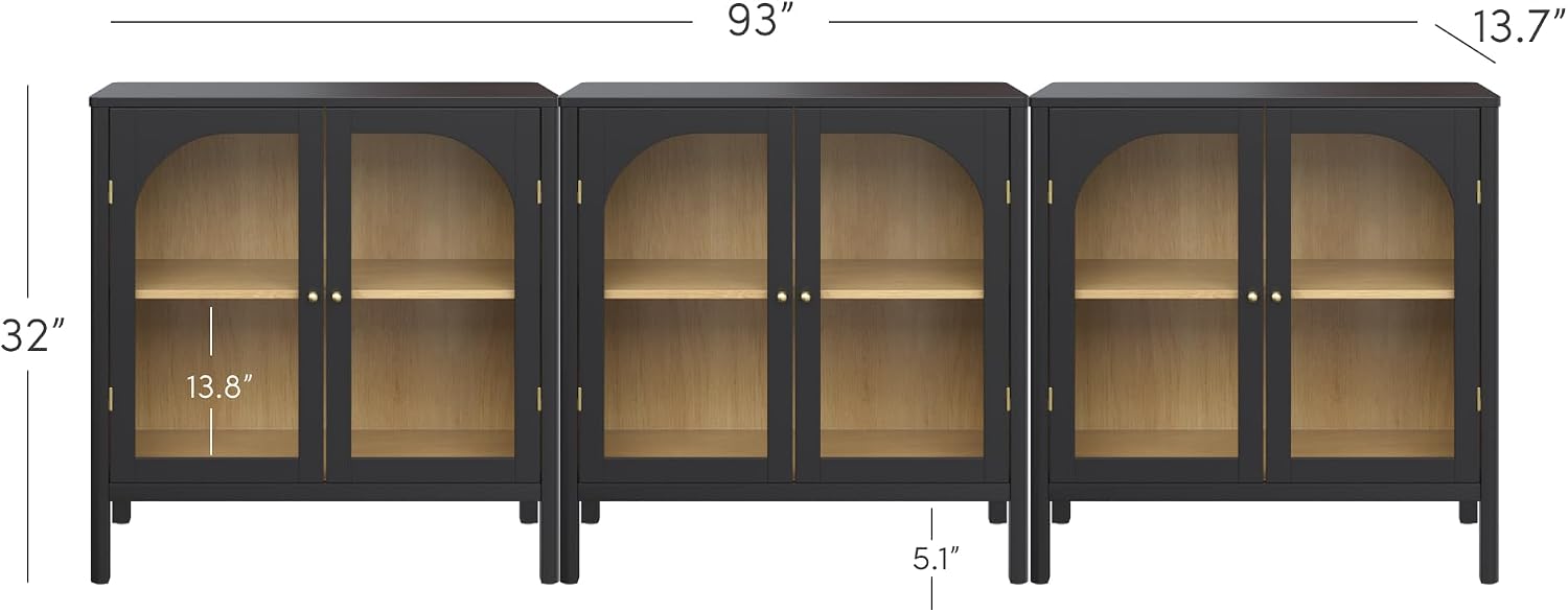 Nathan James Mason Storage Cabinet Accent Sideboard Buffet Credenza TV Stand with Glass Doors and Adjustable Shelf in Black Wood for Dining Room, Entryway and Living Room, Clear Glass/Black, Set of 3