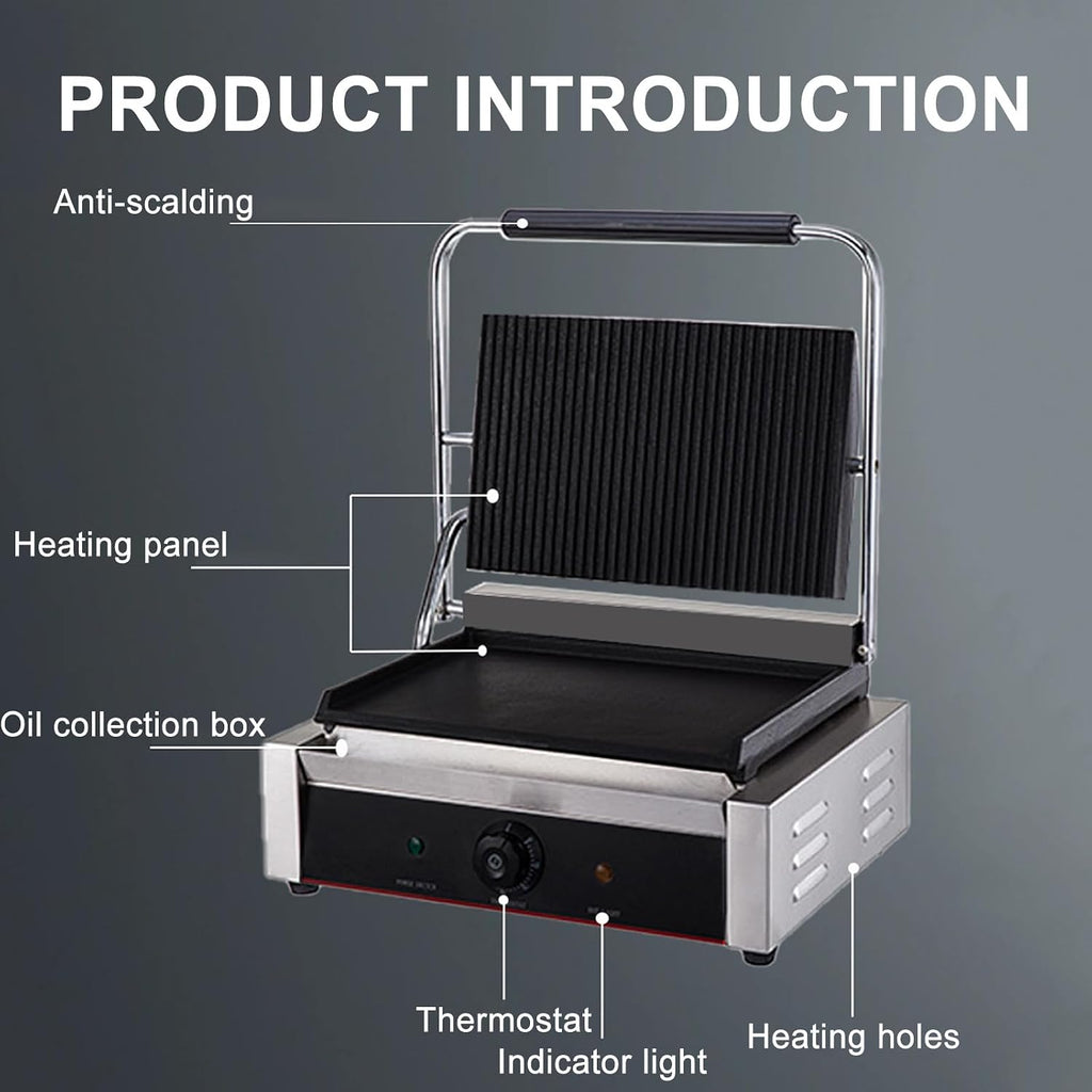 Commercial Panini Press with Grooved Grill, Sandwich Maker Machine, Electric Contact Grill Single, 1800W/3600W Indoor Grill, for Steaks,813A-110V