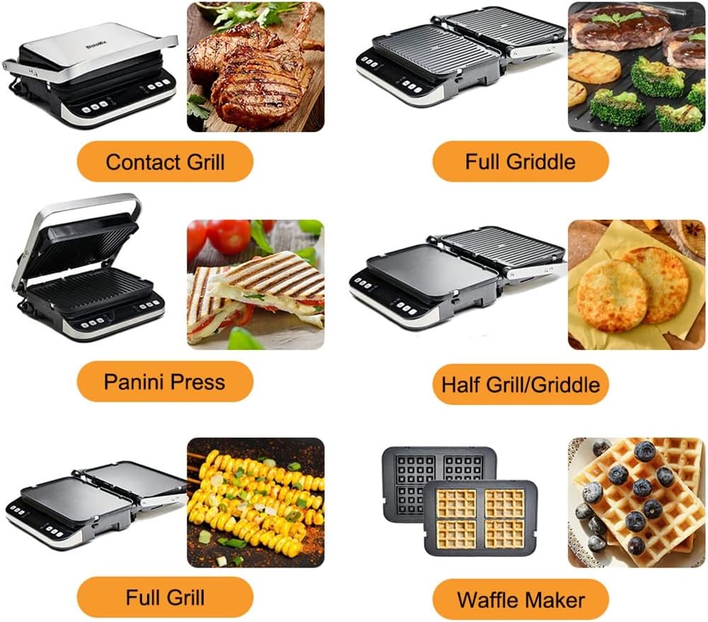 Electric Contact Grill Digital Griddle and Press, Optional Waffle Maker Plates, Opens 180 Degree Barbecue