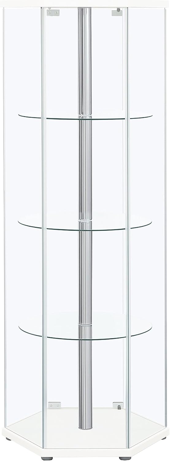 Coaster Home Furnishings - Zahavah - 4-Shelf Glass Curio Cabinet with Hexagonal Shape, Clear Door, Tempered Glass Shelves, and Push-to-Open Door - Living Room - White - 950001