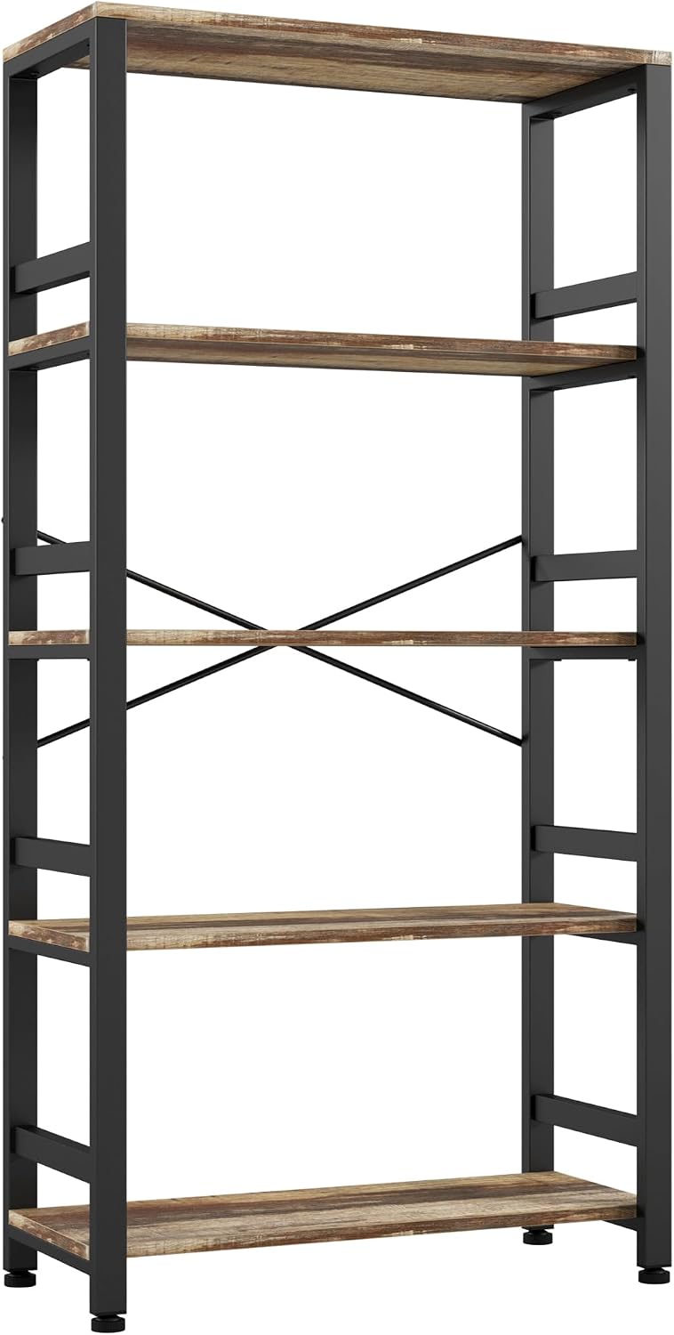 IRONCK Bookshelves and Bookcases, 31.5in Wide Shelf 5-Tier Ladder Shelf 110lbs/shelf Vintage Industrial Style Bookcase for Bedroom Living Room Home, Rustics Brown