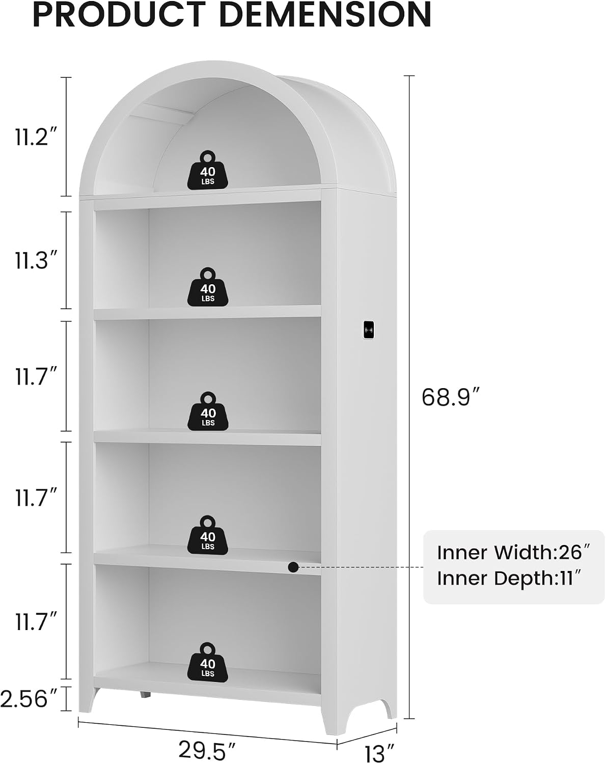 Arch Bookcase - 5 Tiers Bookshelf with 3 Colors LED Sensor Lights and Thickened Wooden Design Display Shelf for Lego Books Bathroom Living Room - Ideal Gift (White)