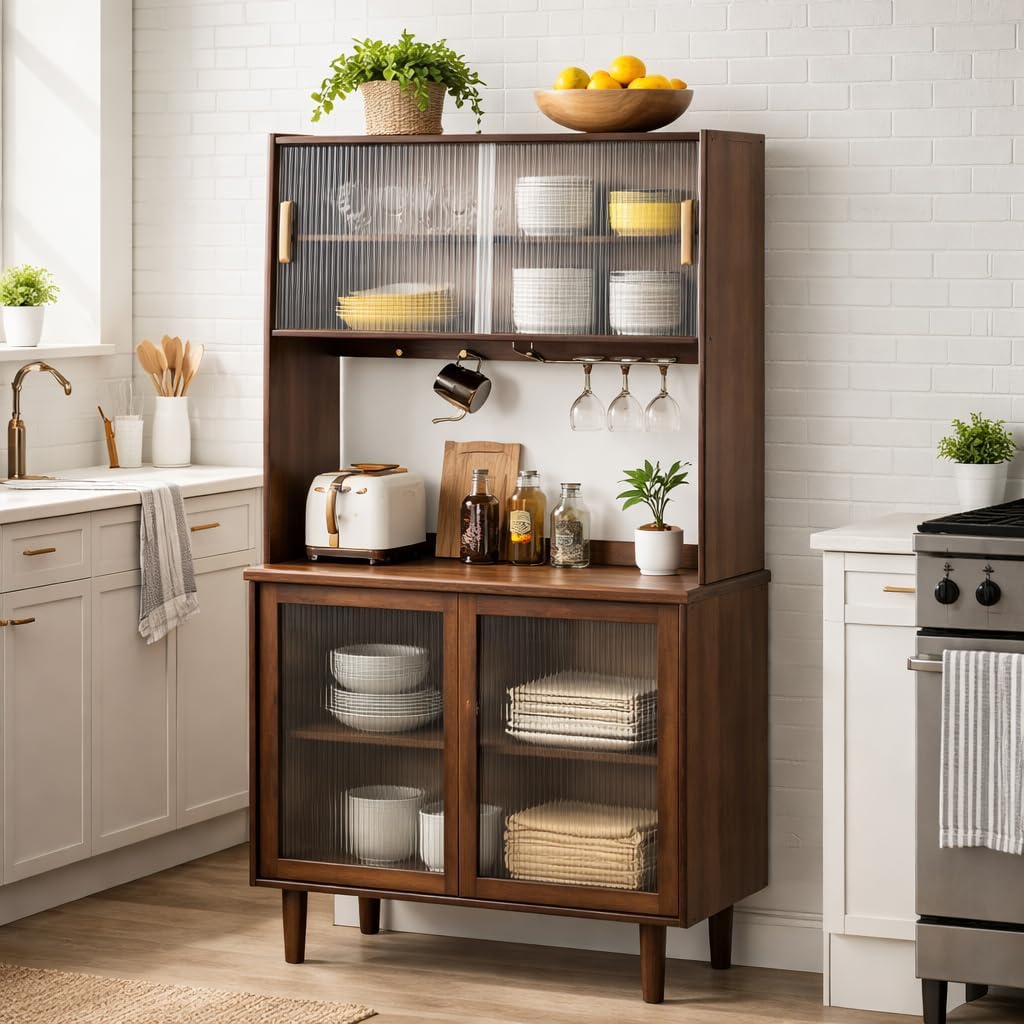 Welnown Kitchen Hutch Cabinet with Countertop, 31' Tall Pantry Storage Cabinet, Rattan Solid Wood Buffet Sideboard, Entryway Storage Table for Living Room, Dining Room, Hallway, Walnut