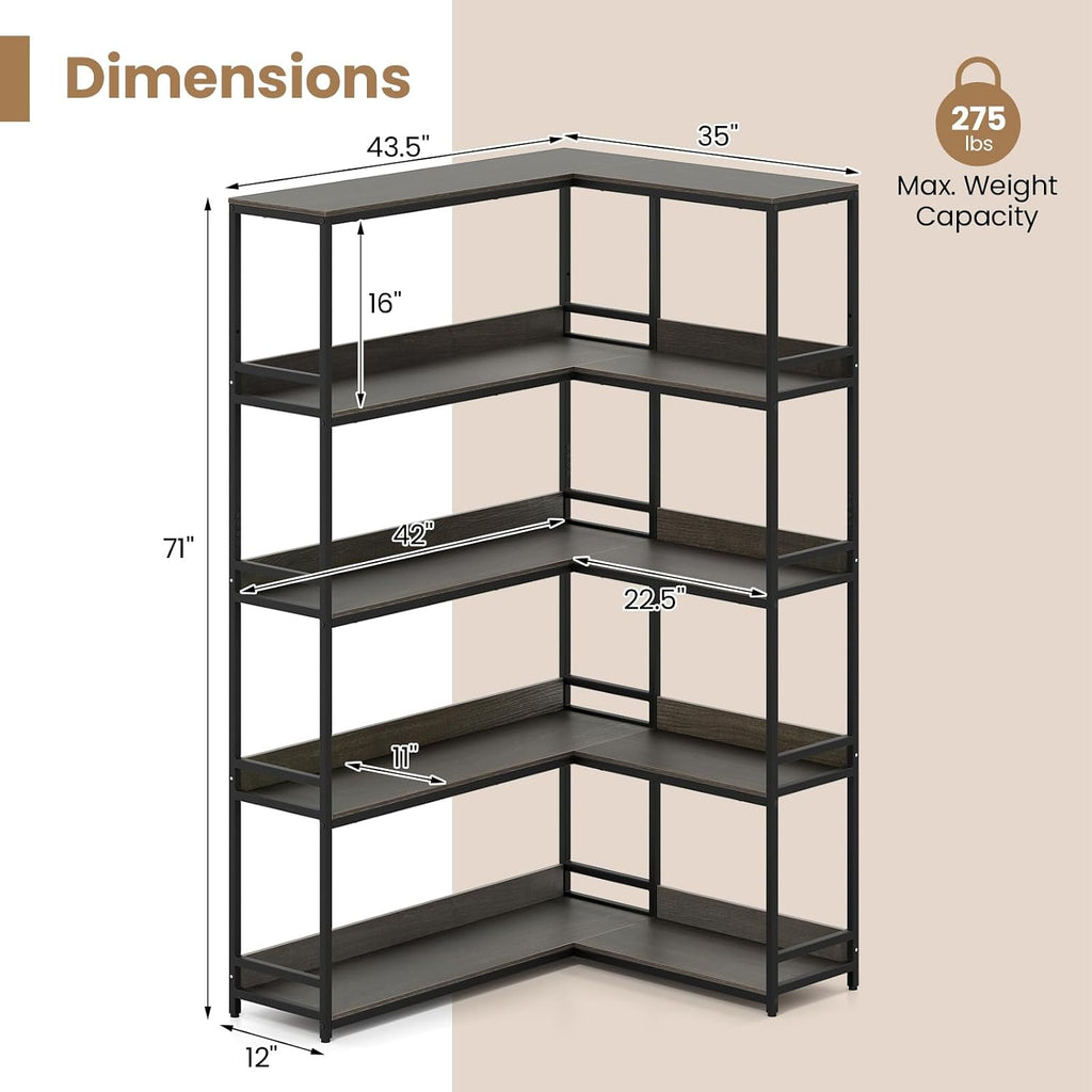 Giantex 5-Tier Corner Bookshelf, 71' L-Shaped Bookcase, Tall Etagere Bookshelf with Metal Frame, Industrial Open Display Shelf, Vertical Storage Rack for Living Room, Study, Office (Oak)