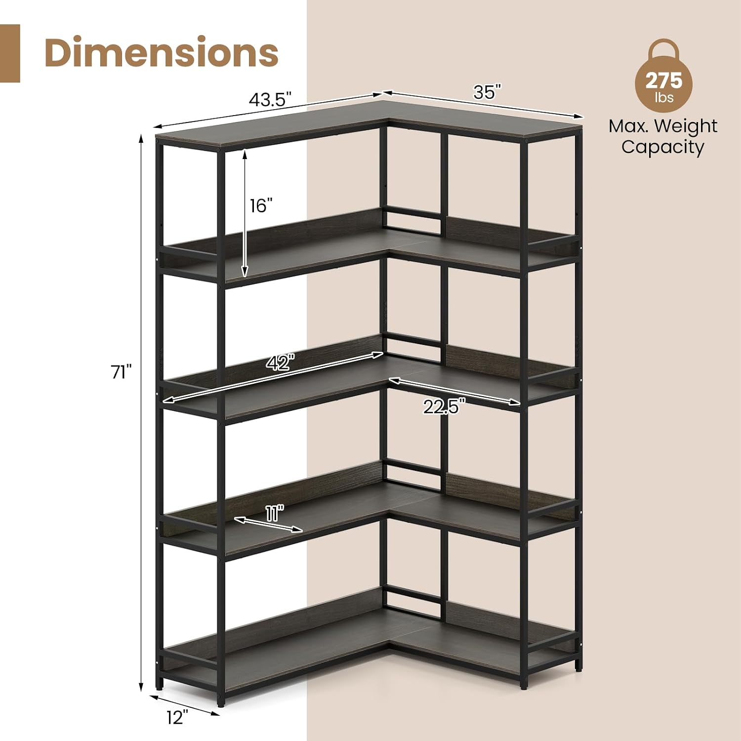 Giantex 5-Tier Corner Bookshelf, 71' L-Shaped Bookcase, Tall Etagere Bookshelf with Metal Frame, Industrial Open Display Shelf, Vertical Storage Rack for Living Room, Study, Office (Oak)