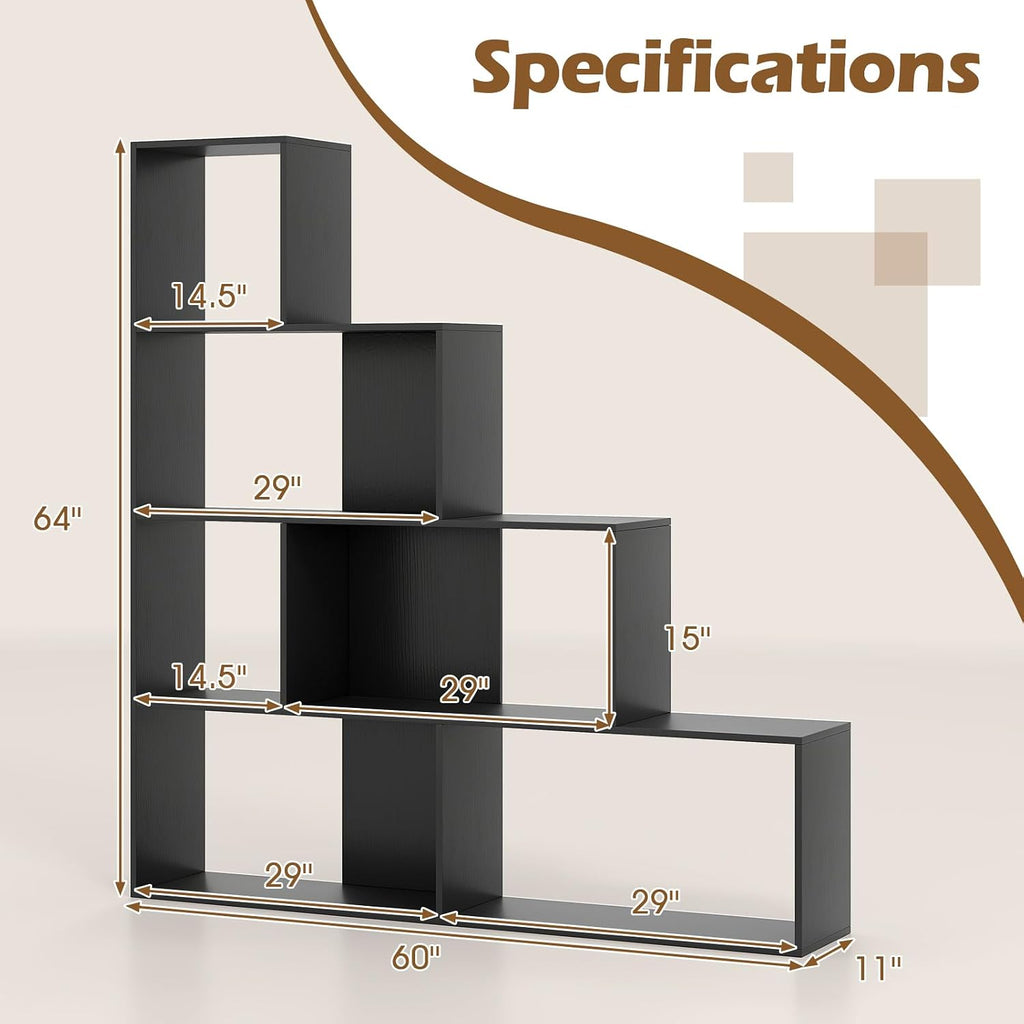 Tangkula 4-Tier Stepped Bookshelf, Freestanding 6 Cubes Ladder Bookcase with Anti-Tipping Kits, 64' Tall Modern Wooden Storage Display Rack for Home Office Living Room Study (1, Black)