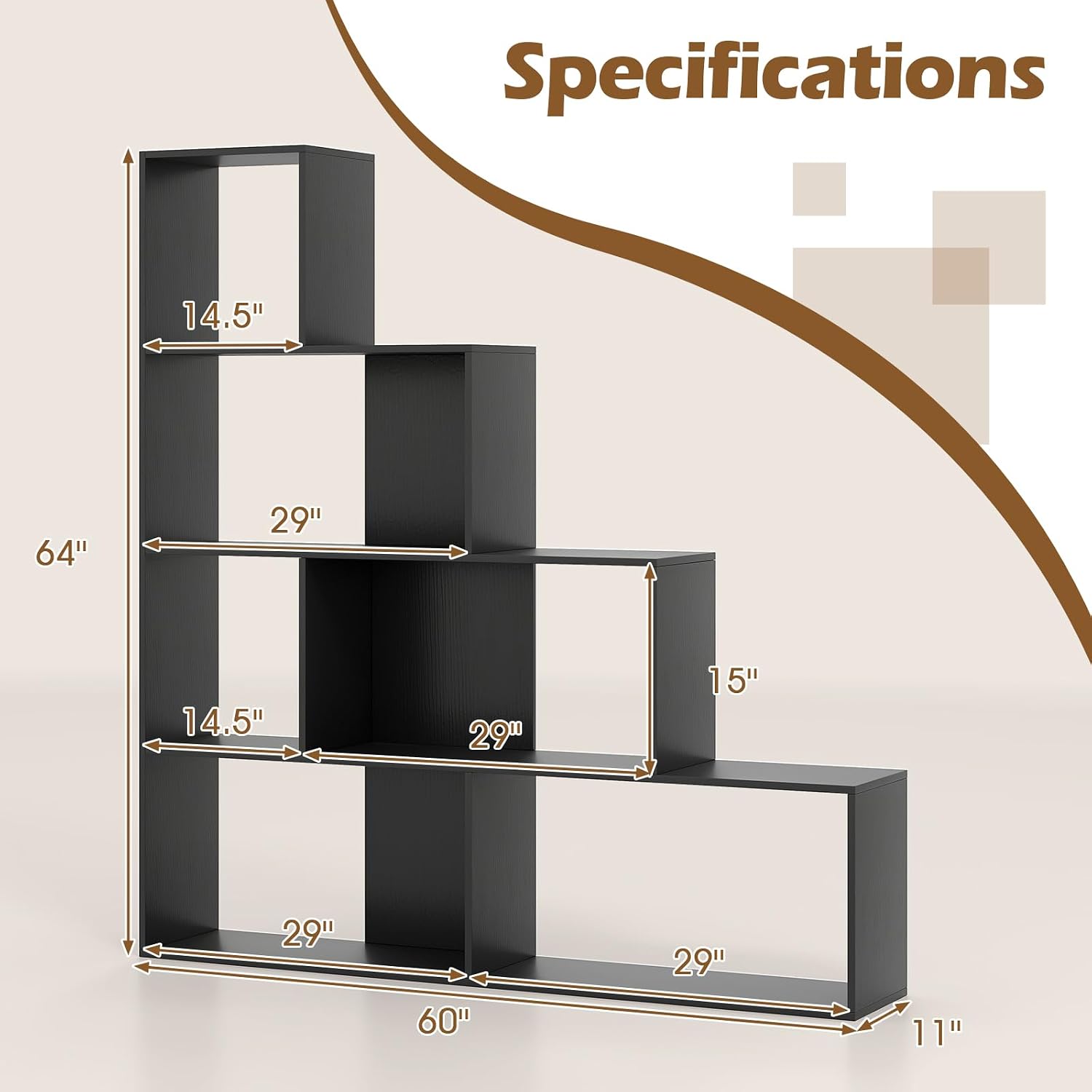 Tangkula 4-Tier Stepped Bookshelf, Freestanding 6 Cubes Ladder Bookcase with Anti-Tipping Kits, 64' Tall Modern Wooden Storage Display Rack for Home Office Living Room Study (1, Black)