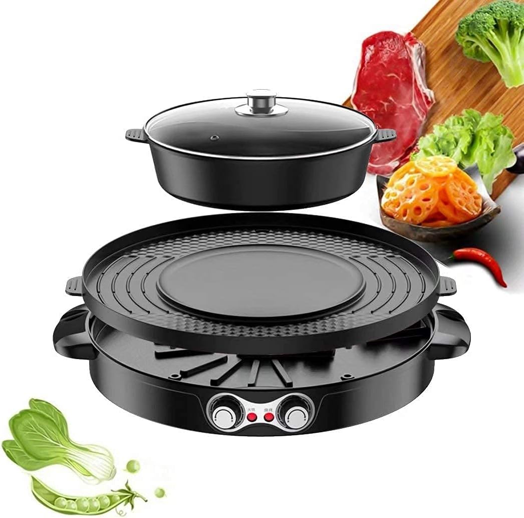 Portable Electric Grill,2-in-1 Electric Smokeless Grill Hotpot,Extra Large Surface Nonstick Pan,Adjustable Temperature Range 0°-1200°C,Indoor and Outdoor Use Useful (Black B)