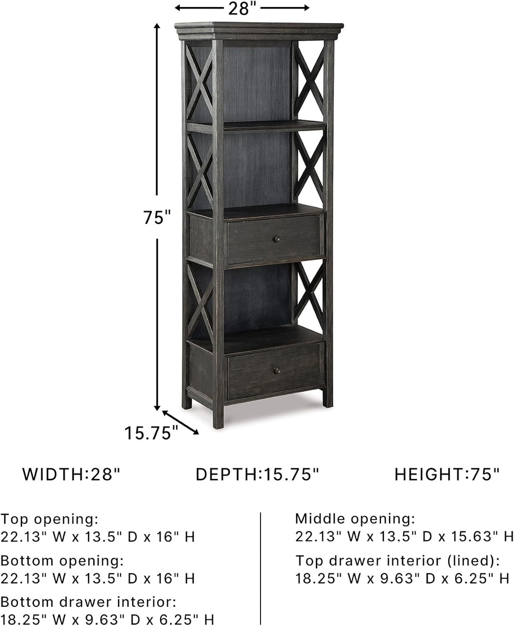 Signature Design by Ashley Tyler Creek Casual Farmhouse 75' Display Cabinet or Bookcase with Drawers and Shelf, Open Lattice Sides, Wood, Gray Black Finish