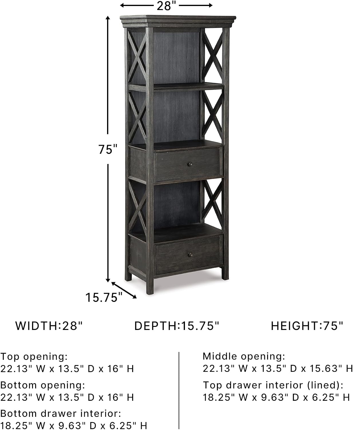 Signature Design by Ashley Tyler Creek Casual Farmhouse 75' Display Cabinet or Bookcase with Drawers and Shelf, Open Lattice Sides, Wood, Gray Black Finish