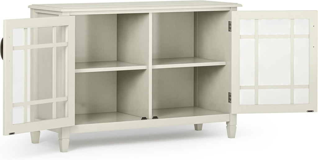 SIMPLIHOME Connaught Storage Cabinet - 46 inch Wide Solid Wood Low Storage Cabinet in Antique White, Traditional Console for Living Room, Entryway, or Dining Room with Glass Doors and Shelves