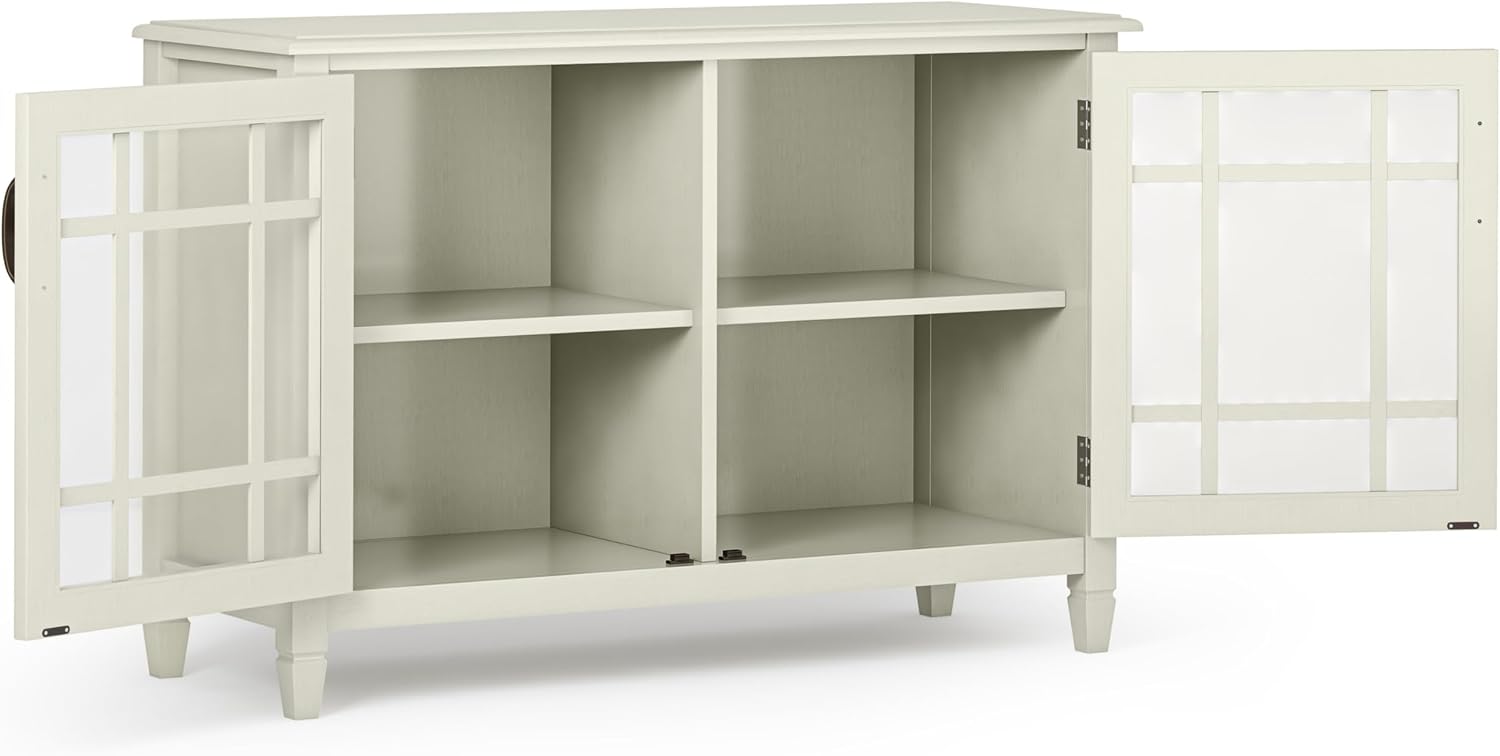 SIMPLIHOME Connaught Storage Cabinet - 46 inch Wide Solid Wood Low Storage Cabinet in Antique White, Traditional Console for Living Room, Entryway, or Dining Room with Glass Doors and Shelves