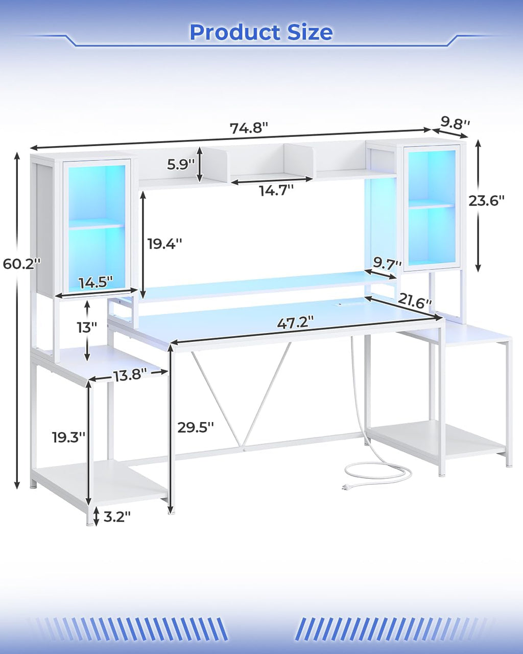 SEDETA Gaming Desk 74.8'' with LED Lights, Hutch and Storage Shelves, Computer Desk with Monitor Stand, Large PC Gamer Desk Workstation, Ergonomic Gaming Table for Bedroom, Living Room, White