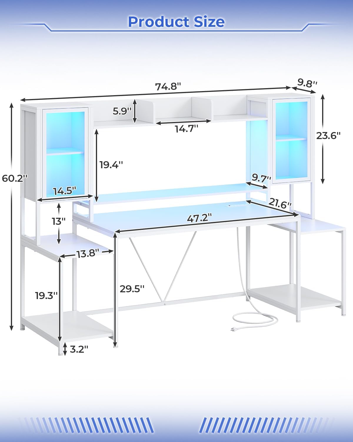 SEDETA Gaming Desk 74.8'' with LED Lights, Hutch and Storage Shelves, Computer Desk with Monitor Stand, Large PC Gamer Desk Workstation, Ergonomic Gaming Table for Bedroom, Living Room, White