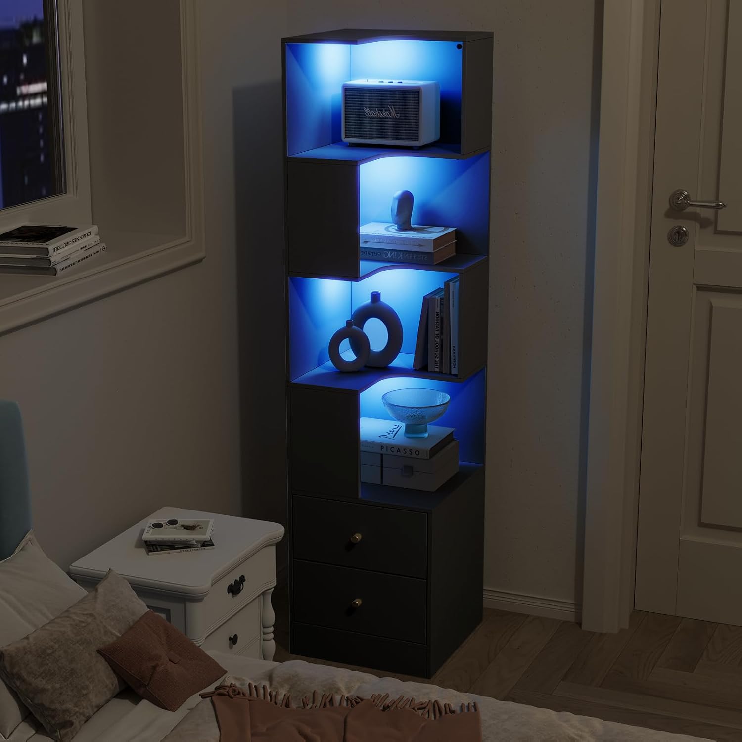 ARTETHYS Corner Shelf with Light 5-Tier Black Storage Cabinet with Drawers Modern Tall Bookshelf Stand for Living Room