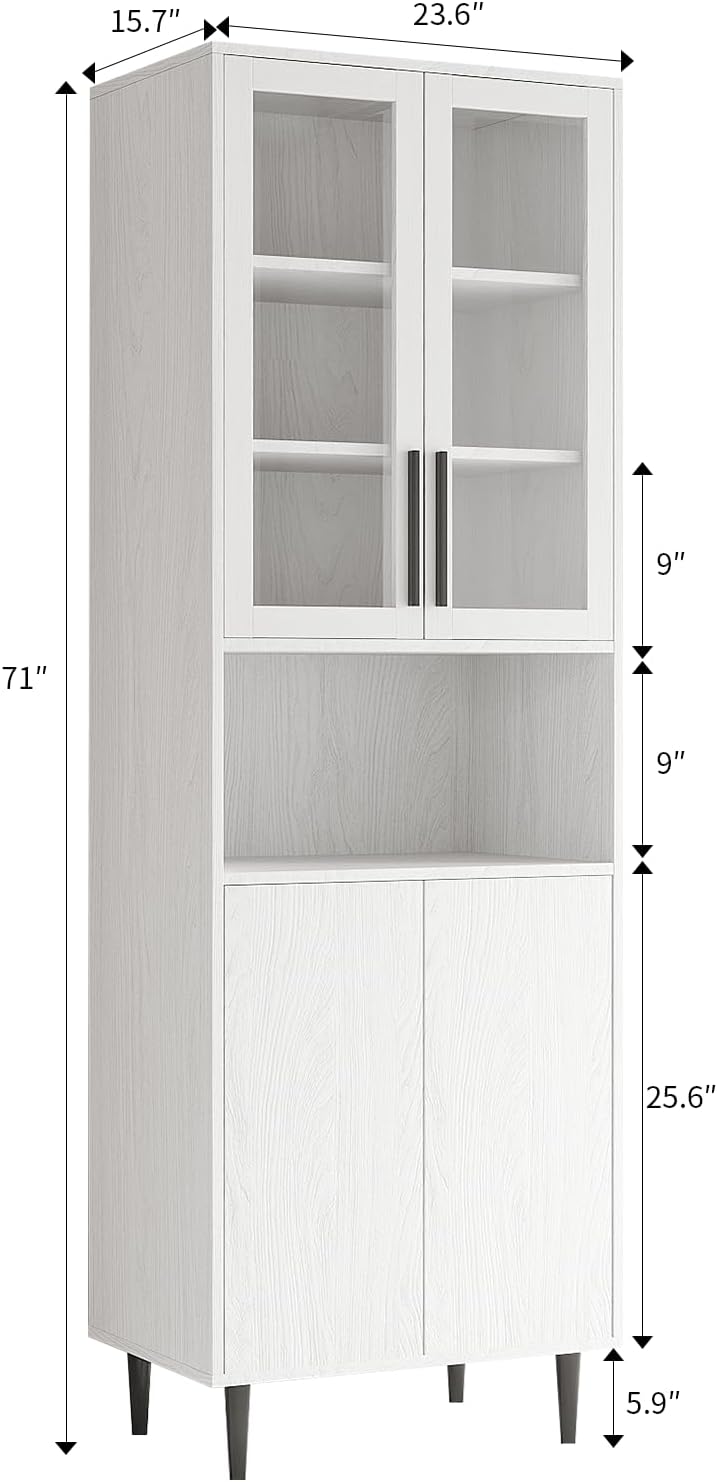TUSY 70.9' H Bookshelf with Glass Doors, 5-Tier Display Curio Cabinet with Drawers, Narrow Display Bookcase for Home, Office, Clinic, Pantry (White, A)