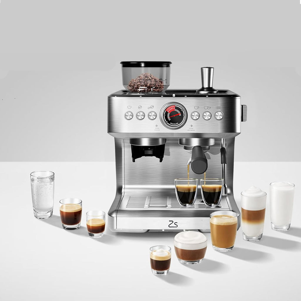 GlowSol Espresso Machine with Bean Grinder, Semi Automatic Espresso Machine, 20-Bar Espresso Maker with Milk Frother Steam Wand 2.8L Water Tank, Home Espresso Coffee Maker for Latte, Cappuccino