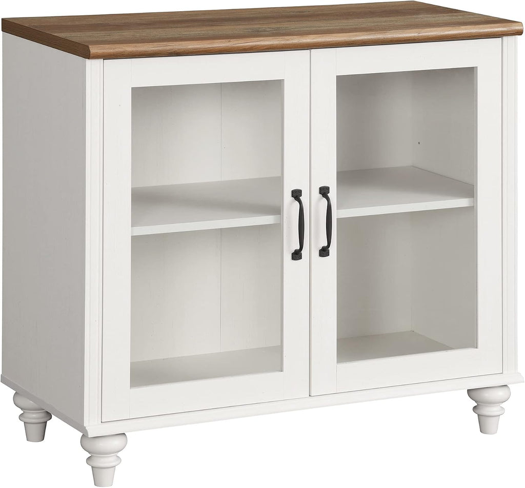 WAMPAT Sideboard Buffet Cabinets with Glass Door, Kitchen Storage Cabinets with Curved Edge, Wood Coffee Bar Tables with Vintage Gourd Leg, Accent Table for Dining Room, Living Room, Off White