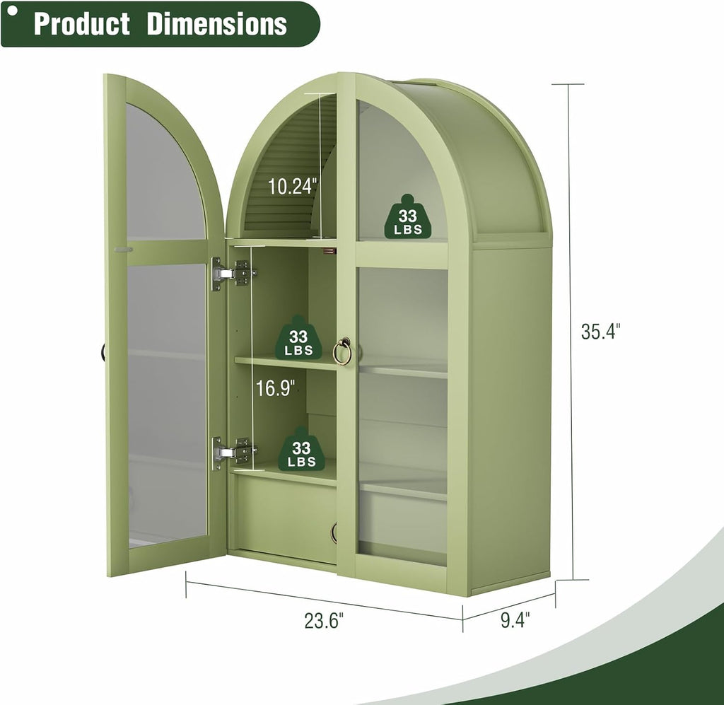Medicine Cabinet with Tempered Glass Door, Arched Bathroom Wall Cabinet with Adjustable Shelf, for Kitchen, Living Room, Entryway, Laundry Room, Apartment, Office, Small Space, Green