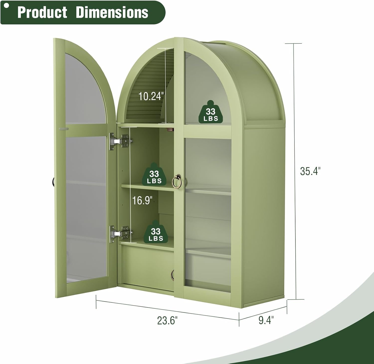 Medicine Cabinet with Tempered Glass Door, Arched Bathroom Wall Cabinet with Adjustable Shelf, for Kitchen, Living Room, Entryway, Laundry Room, Apartment, Office, Small Space, Green