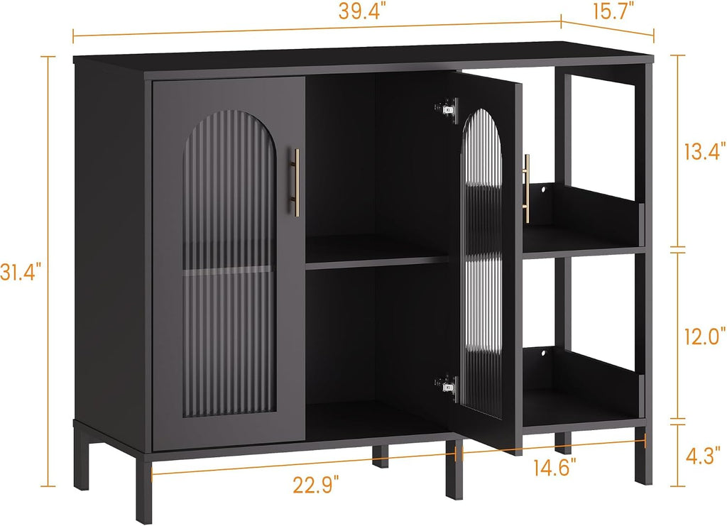 GarveeLife Modern Black Sideboard with Glass Doors, Featuring Adjustable Interior Shelves and Sleek Metal Handles, Versatile Storage Cabinet for Dining Room or Kitchen Display