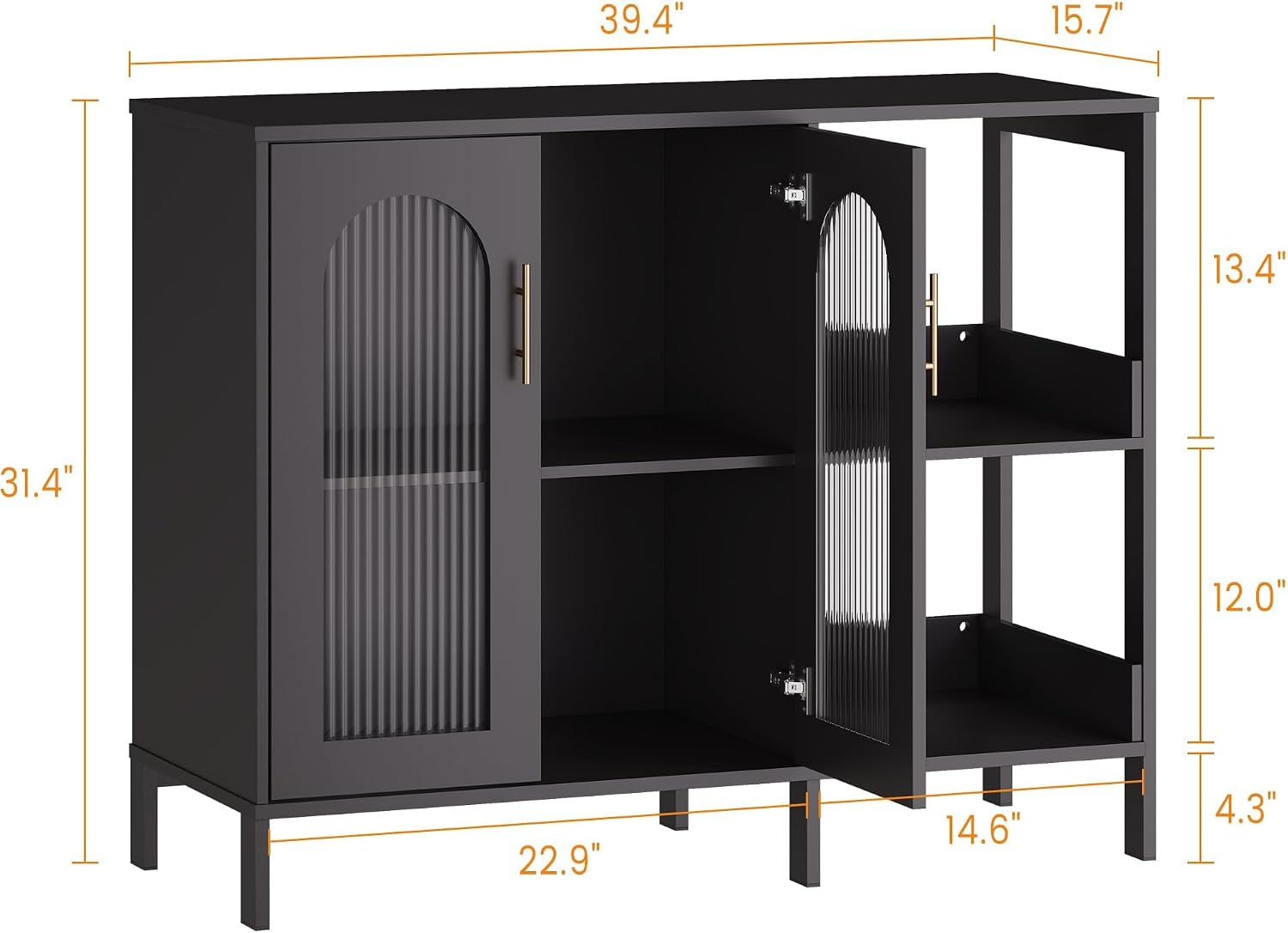 GarveeLife Modern Black Sideboard with Glass Doors, Featuring Adjustable Interior Shelves and Sleek Metal Handles, Versatile Storage Cabinet for Dining Room or Kitchen Display
