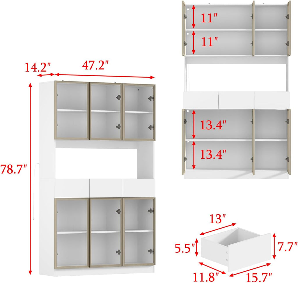 Curio Display Cabinet with Light, Storage Shelves with Pop-up Glass Doors, 3 Drawers & 3 Color Light, Collectibles Cabinet Display Shelf, Bookshelf Showcase for Living Room, White w/Hutch