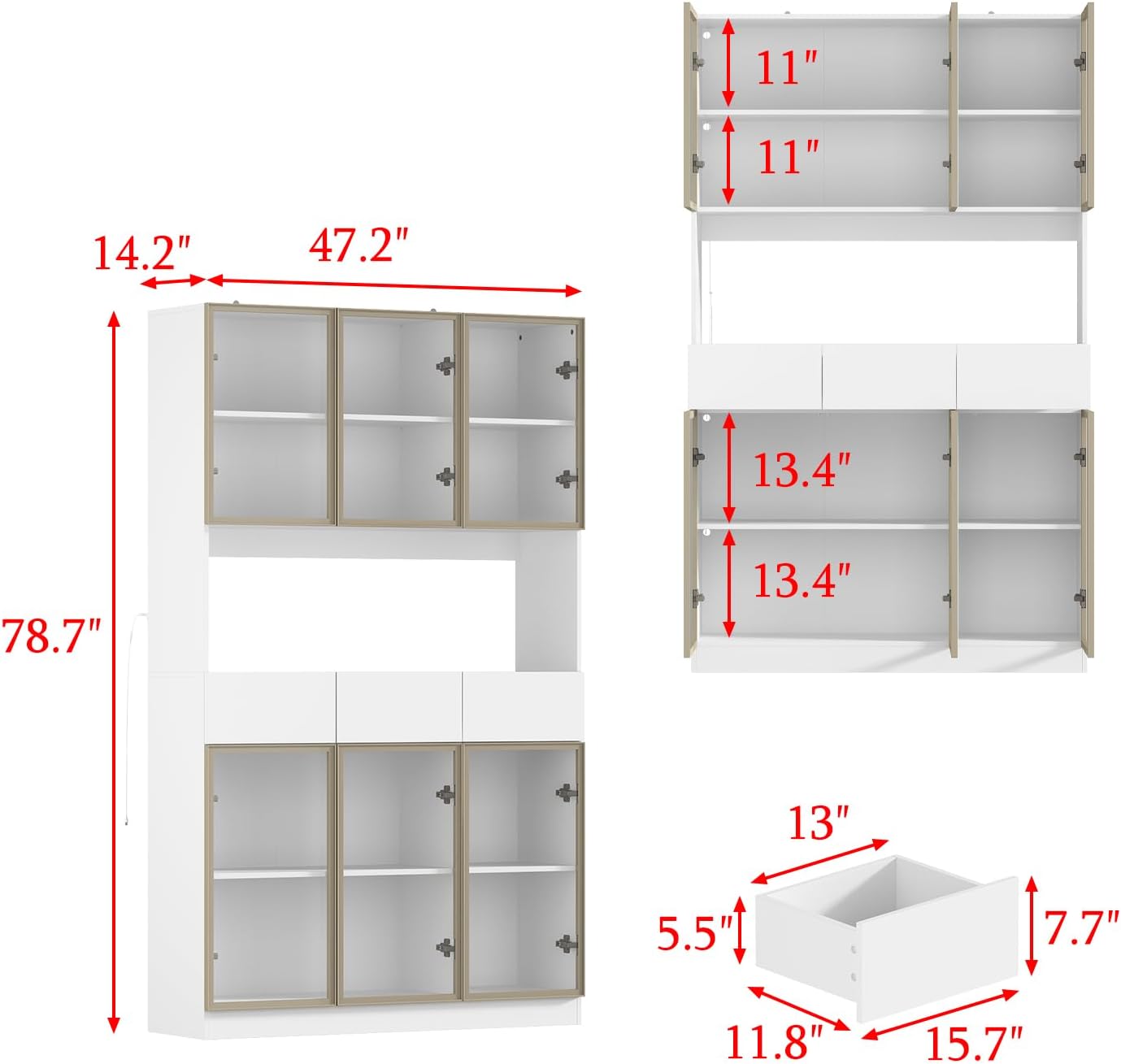 Curio Display Cabinet with Light, Storage Shelves with Pop-up Glass Doors, 3 Drawers & 3 Color Light, Collectibles Cabinet Display Shelf, Bookshelf Showcase for Living Room, White w/Hutch