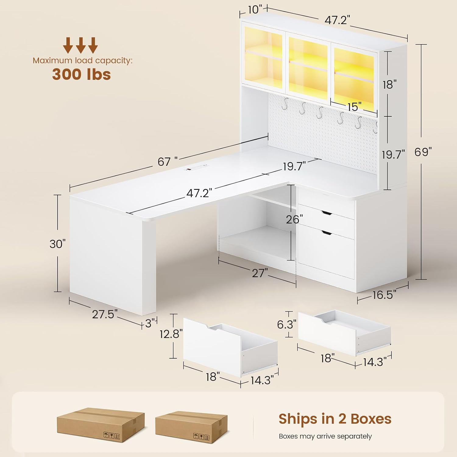 SEDETA L Shaped Computer Desk, L Shaped Corner Gaming Desk with 3 Wood Drawer and Large Bookshelf, Home Office Desk with LED Light, Display Cabinet and Pegboard, 27.5' W Large Desktop Table, White