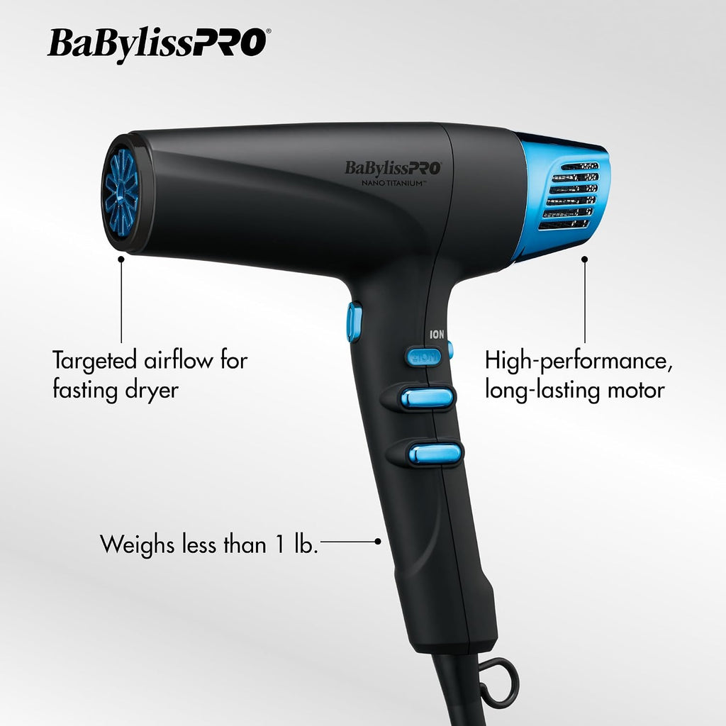 BabylissPRO Nano Titanium Hair Dryer, Professional 1875-Watt Blow Dryer, Lightweight, Ionic Technology Dries Hair Faster with Less Frizz