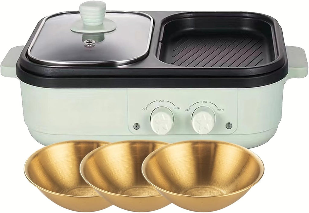 Nonstick Electric Skillets & Hot Pot 1300W Shabu Pot BBQ Plate w/3 Salad Bowls, Food Barbecue Contact Grill with Toughened Glass Cover for Stewed Noodles, Cook Soup(with Divider),green