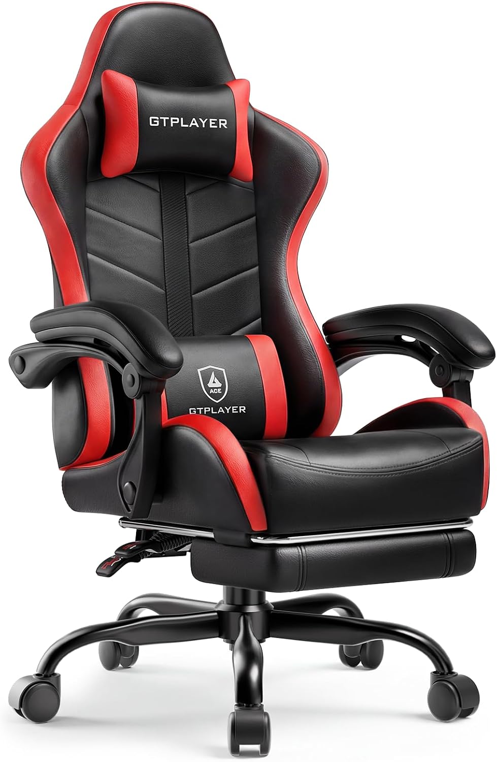 GTPLAYER Gaming Chair for Adults, Ergonomic Computer Gaming Chair with Footrest, Height Adjustable, 90-155° Recline & Removable Headrest Lumbar Support, Black&Red