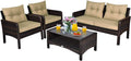 Tangkula 4 Piece Patio Furniture Set, Outdoor Wicker Conversation Set with Glass Top Coffee Table, All Weather Proof and Thick Cushions, Suitable for Porch, Garden, Poolside and Lawn (Brown)