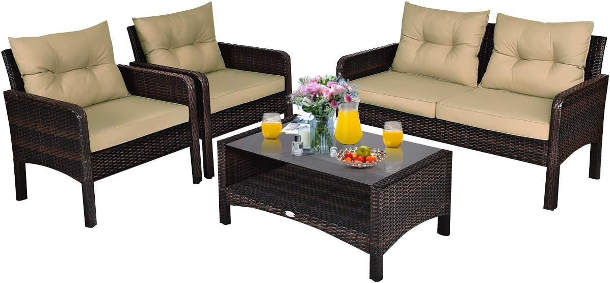 Tangkula 4 Piece Patio Furniture Set, Outdoor Wicker Conversation Set with Glass Top Coffee Table, All Weather Proof and Thick Cushions, Suitable for Porch, Garden, Poolside and Lawn (Brown)