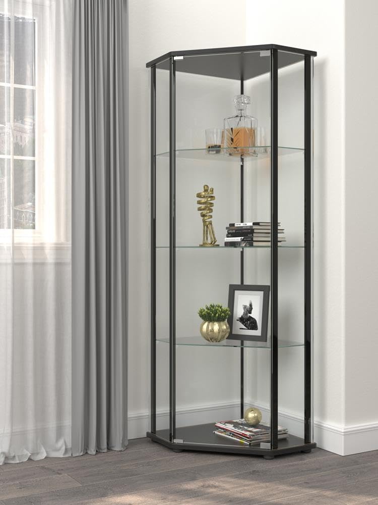 Coaster Home Furnishings - Zenobia - 4-Shelf Curio Cabinet with Metal Supports, Wooden Frame, Tempered Glass Shelves and Chrome Base - Living Room - Black - 953234