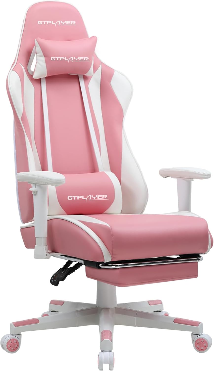 GTPLAYER Gaming Chair with Footrest, Ergonomic Computer Game Desk Chair, Reclining Game Chair Seat Height Adjustment, Swivel Rocker with Headrest and Lumbar (Pink)