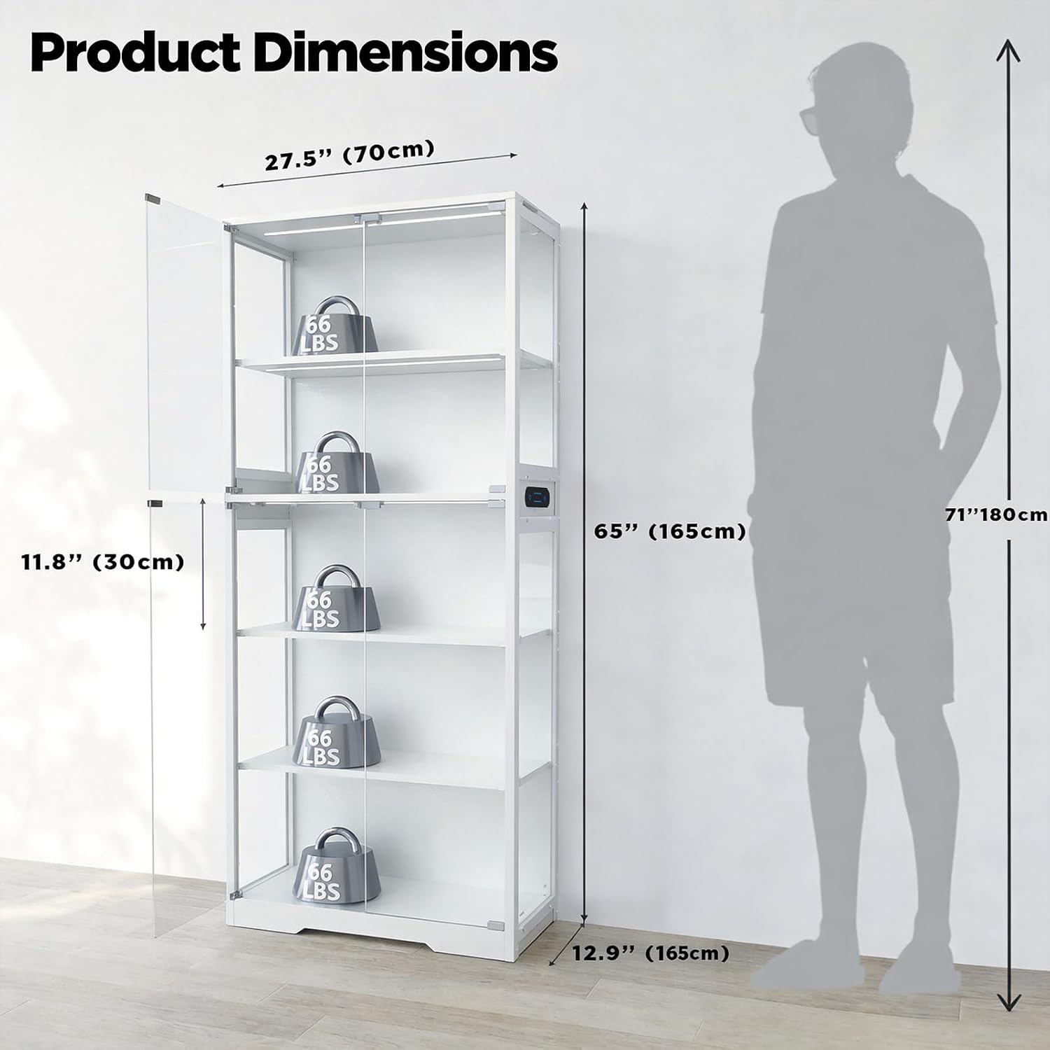 Glass Display Cabinet, 5-Tier Curio Cabinet with Glass Doors, Dimming LED Lights & Motion Sensor, for Collectible Figures, Living Room, Bedroom, or Office (Iron Frame White)