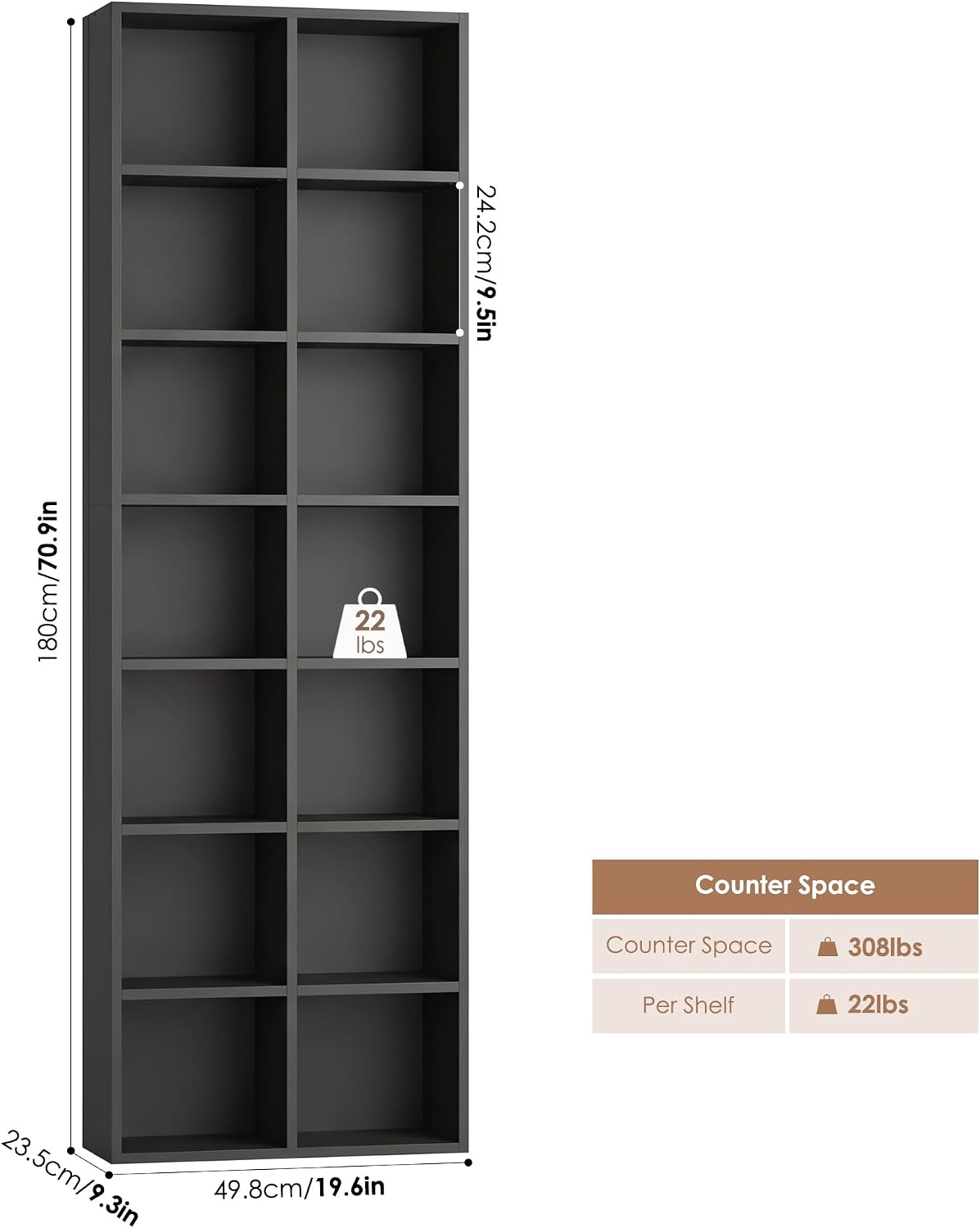 FOTOSOK 71'' Tall Bookshelf Set of 2, 7 Tier Large Black Bookshelf with Adjustable Shelves, Wide Bookcases and Bookshelf, DVD/CD Media Tower Storage, Cube Book Shelf Display Shelf Cabinet, Black