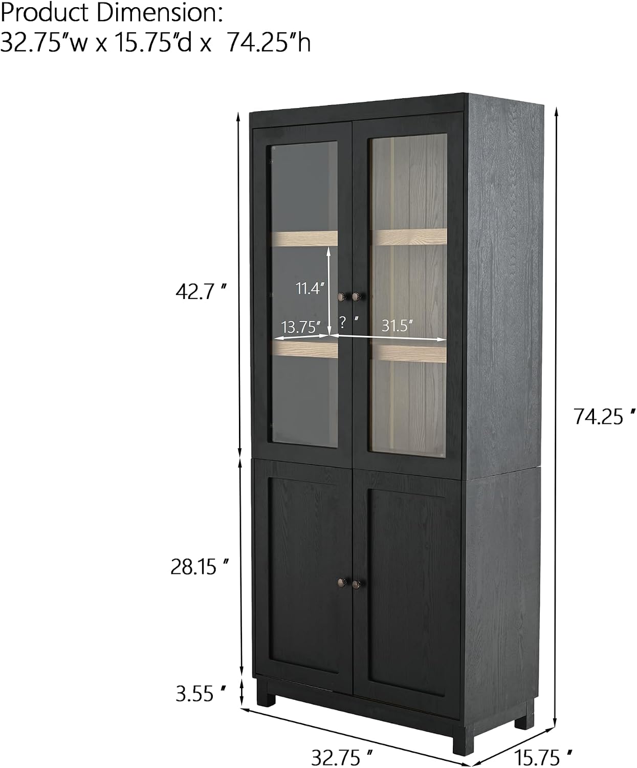 Merax 74.5''H Ash Wood Grain Display Cabinet Bookcase with Storage,Pantry with Glass Doors & Adjustable Shelves,Bookshelf Curio Cabinet for Hallways,Livingroom Kitchen & Office,Black