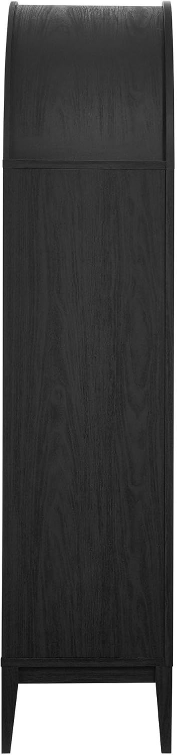 Modway Nolan Tall Arched Storage Display Cabinet in Black Oak - 74 Inch Arch Bookshelf with Glass Doors, Shelves and Drawers - Modern Accent Cabinet for Living Room, Dining Room